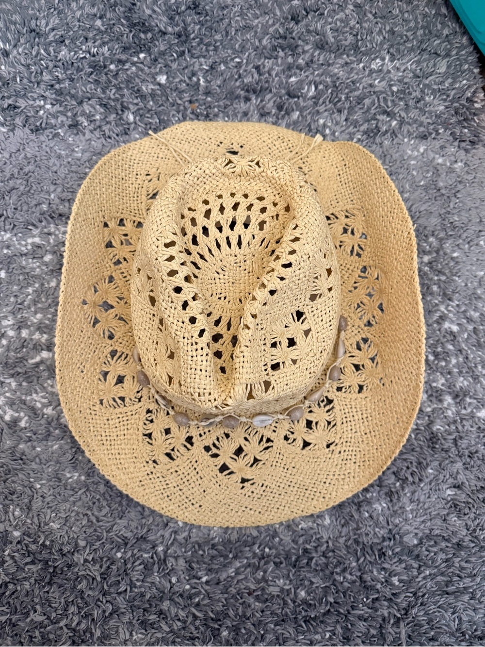 Straw Crochet Cowboy Hat with Shell Band - Natural